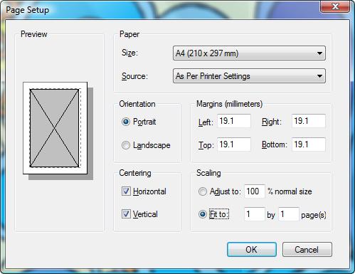 Page Setup dialog box with recommended options for printing colouring-in (coloring-in) artwork (Microsoft Paint)